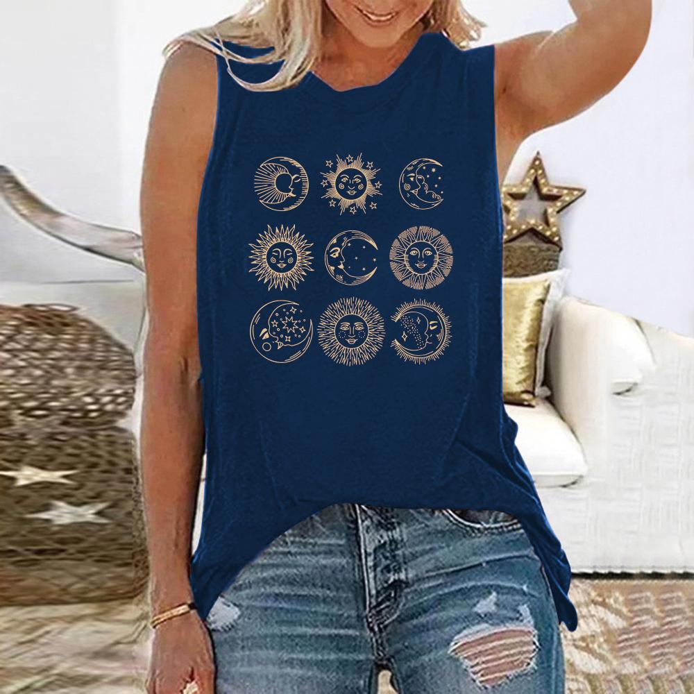 Printed women's sleeveless summer loose T-shirt round neck casual top