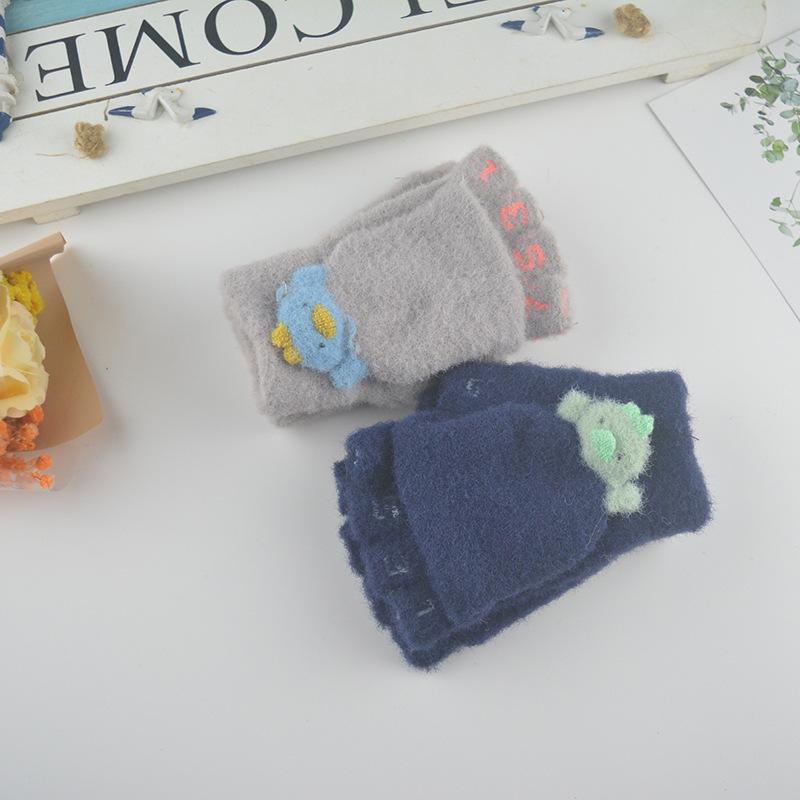New Winter Children's Gloves Half-finger Flip Knitted Warm Woolen Cartoon Cute Wool Student Gloves