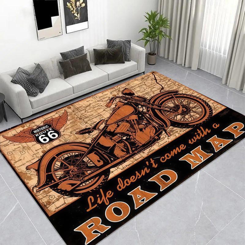 Vintage Bike Route 66 Area Rug, Non-Slip Carpet for Living Room, Biker Gift