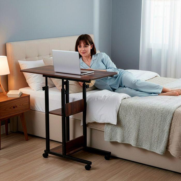 Table d'ordinateur portable mobile sur roulettes, réglable en hauteur 76–86 cm – marron foncé