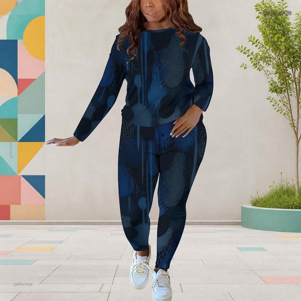 Women Plus Size Dark Blue Printed Round Neck Long Sleeve Top And Fitted Pants Two Piece Set
