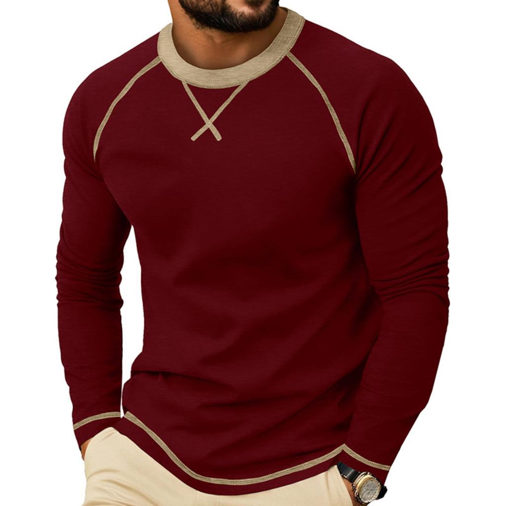 Men's Long Sleeve Crew Neck Casual T Shirt Color Block Stitching Detail Pullover Top Lightweight Comfortable Fit