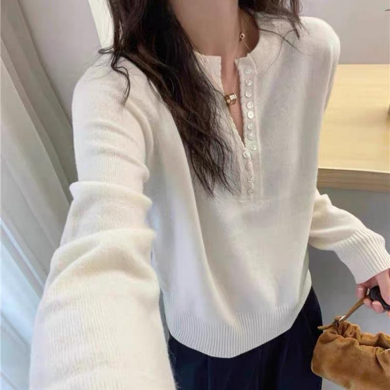 Women's Korean Style V-Neck Wool Sweater - Button-Up, Long Sleeve, Slimming, Versatile Knitwear Top