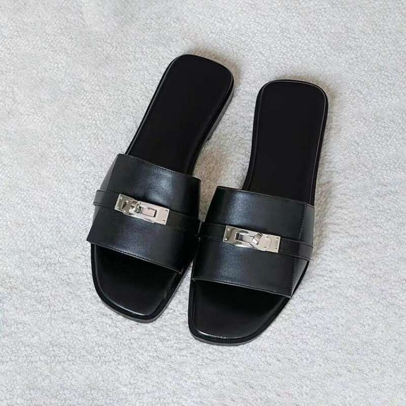 Real Soft Leather Silver Buckle Slippers Women's 2025 Summer New French Lock Flat Bottom Cool Slippers Wear Half Slippers Women