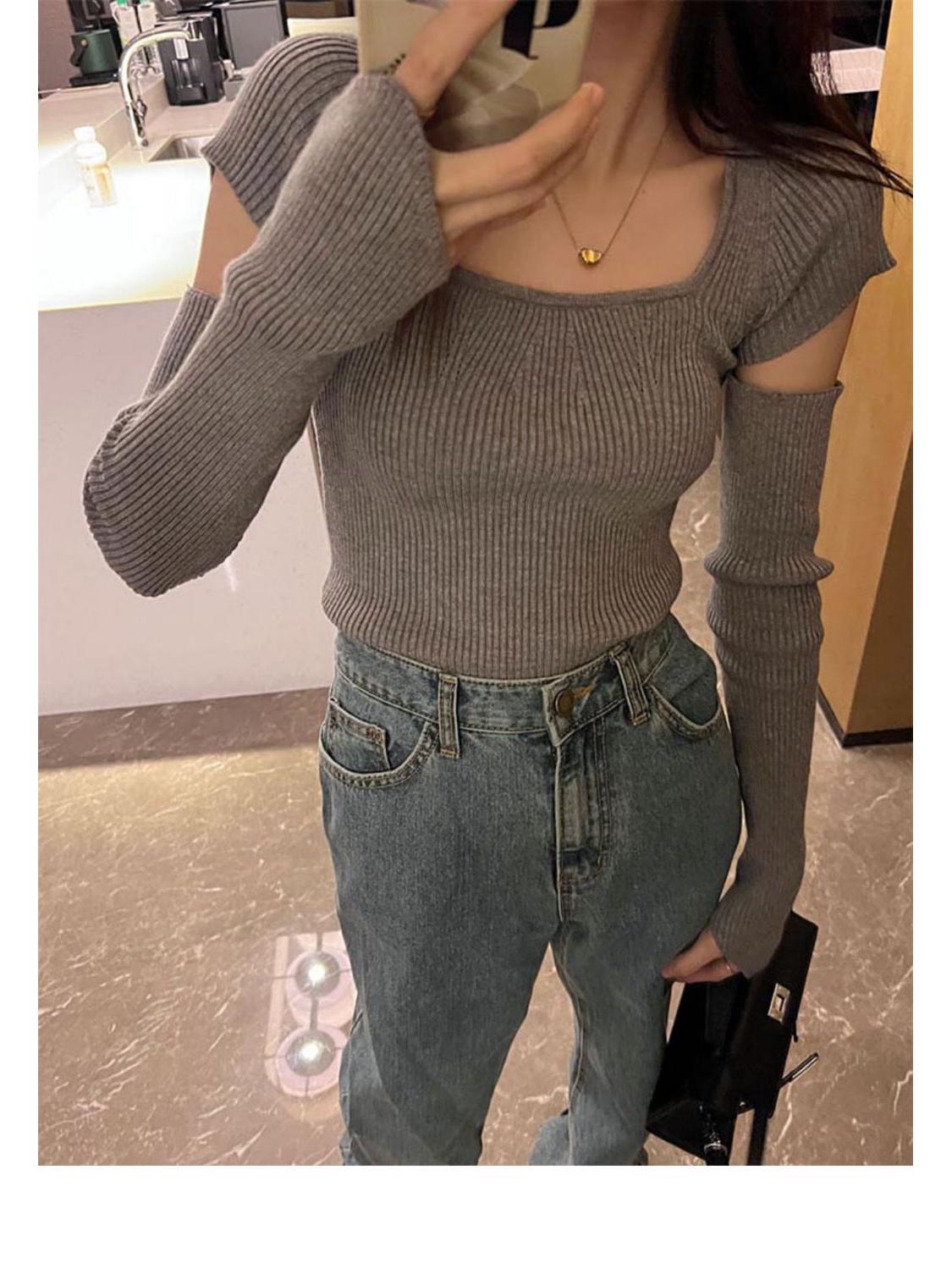 Women s Spicy Girl Square Neck Knitted Pullover - Chic Long Sleeve Slim-Fit Top for Autumn/Winter One Size серый