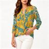 Women's Vintage Floral Print Button Front Henley Collar Shirt Three Quarter Sleeve Lightweight Cotton Linen Blouse
