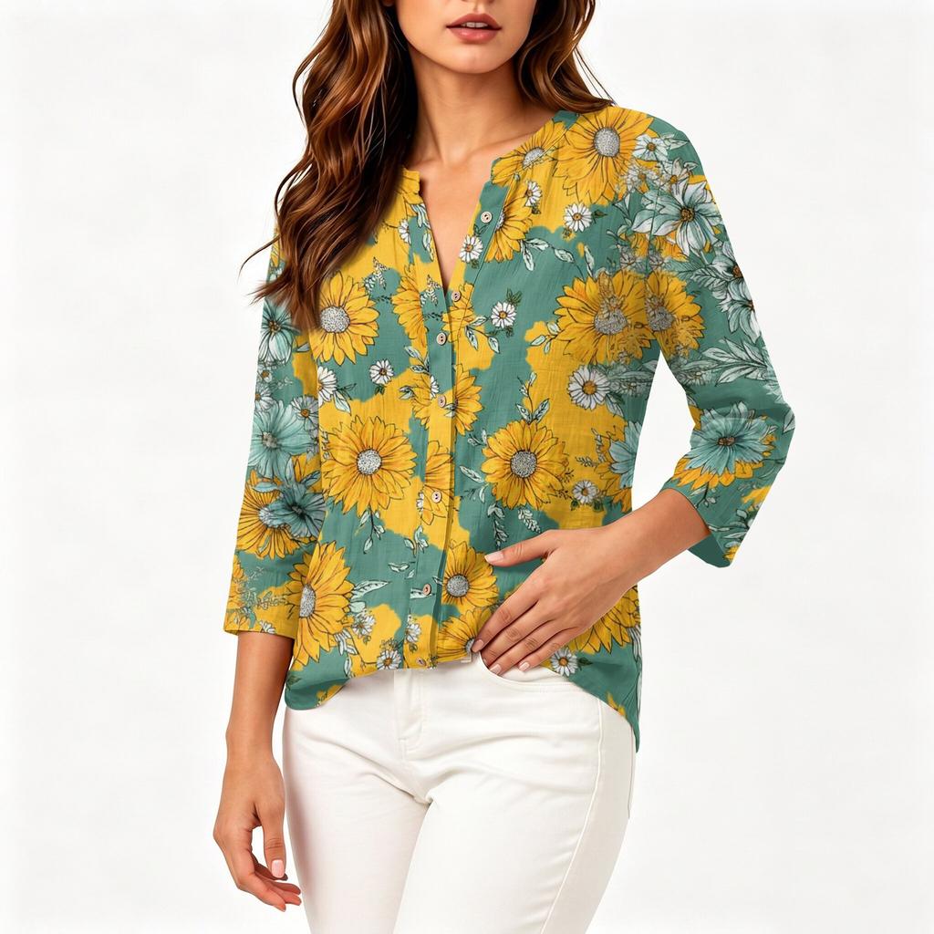 Women's Vintage Floral Print Button Front Henley Collar Shirt Three Quarter Sleeve Lightweight Cotton Linen Blouse