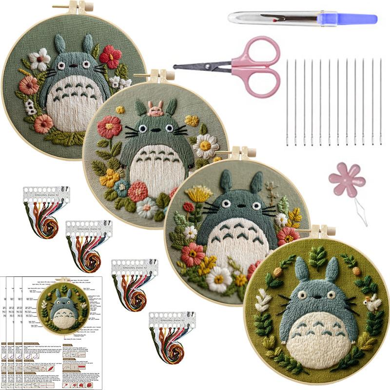 1 PC Totoro Flower Pattern Embroidery DIY Fabric Craft Set with Tools