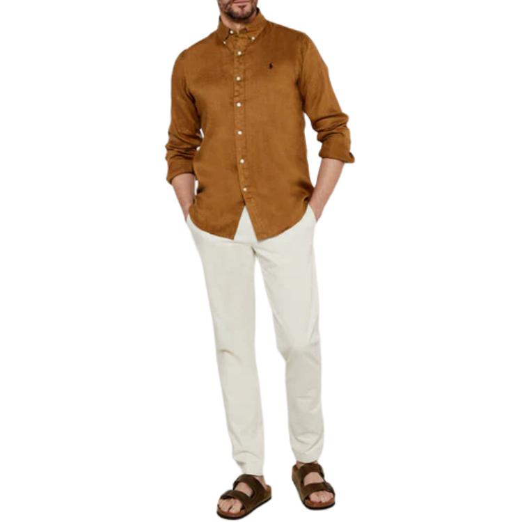 Polo Ralph Lauren Solid Color Embroidered Logo Polo Button Long Sleeve Shirt Men shirts Khaki 710966294-016