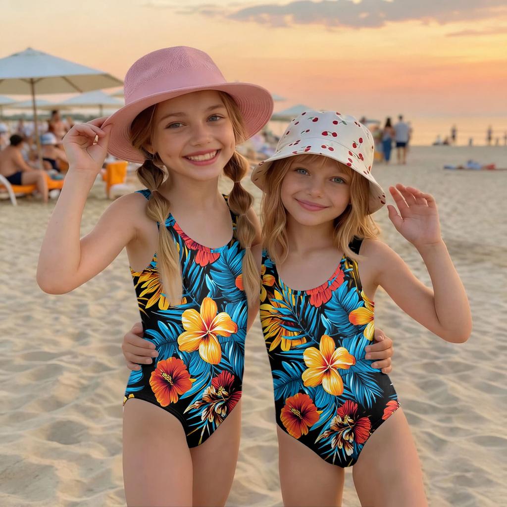 Girls One Piece Swimsuit Hawaiian Floral Print Summer Swimwear Kids Casual Beachwear Pool Outfit for Children