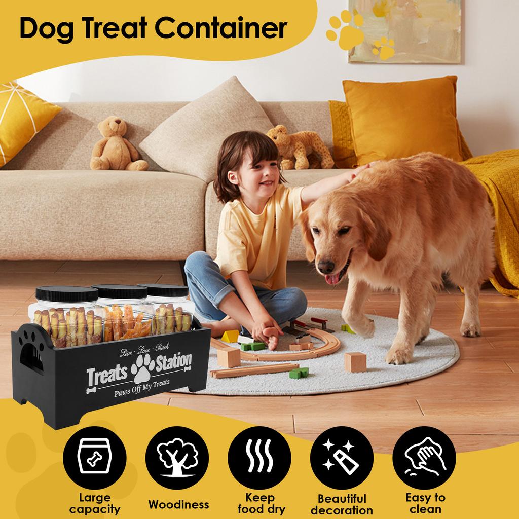 Wood Dog Food Container with 3 Plastic Treat Jars Cat Food Container with Handles Practical Food Storage Container Decorative