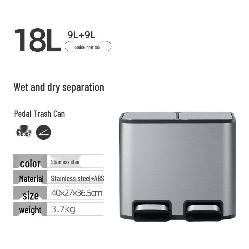 

Jie An Hui Double Barrel Stainless Steel Trash Can with Foot Pedal for Kitchen and Living Room - Dry-Wet Separation, Large Capacity.