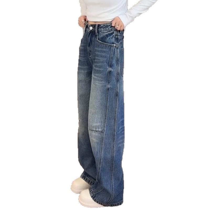 Plus Size Retro Wide-Leg Fleece-Lined Denim Pants for Women - Autumn/Winter
