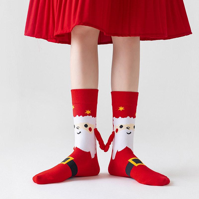 Creative Christmas Magnetic Couple Socks Funny Hand In Hand Design Stockings Red Cotton Mid-calf Unisex Japanese Style Cute Sock
