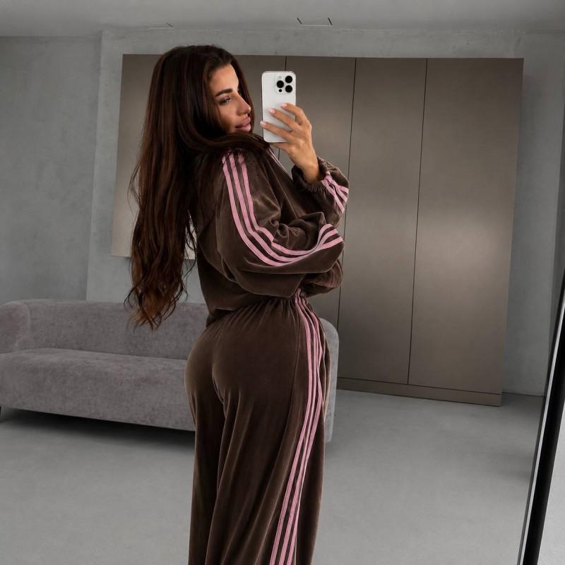 2026 Womens Velvet Color Block 3-Stripe Tracksuit Stand Collar Zip Jacket High Waist Drawstring Wide Leg Sweatpants