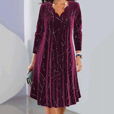 Damesjurk met bloemrand, V-hals, lange mouw, A-lijn, losse pailletten, zachte trui, knielengte, woon-werkverkeer, feest, midi-jurk