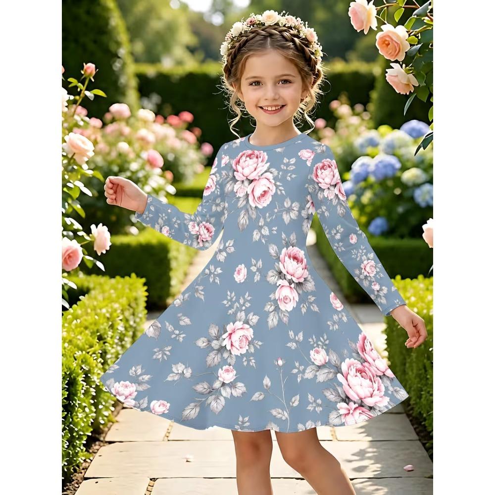 Girls' 3D Rose Floral Dress Long Sleeve Summer Spring Vacation Daily Holiday Princess Beautiful Sweet Kids 4-12 Years Casual Dress A Line Dress