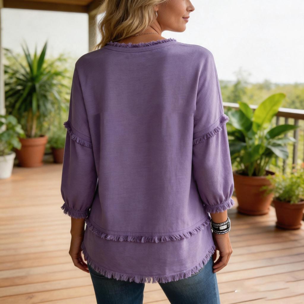 Women Casual Loose Fit Solid Color Three Quarter Sleeve Frayed Edge Trim V Neck Top Lightweight Comfortable Everyday Wear
