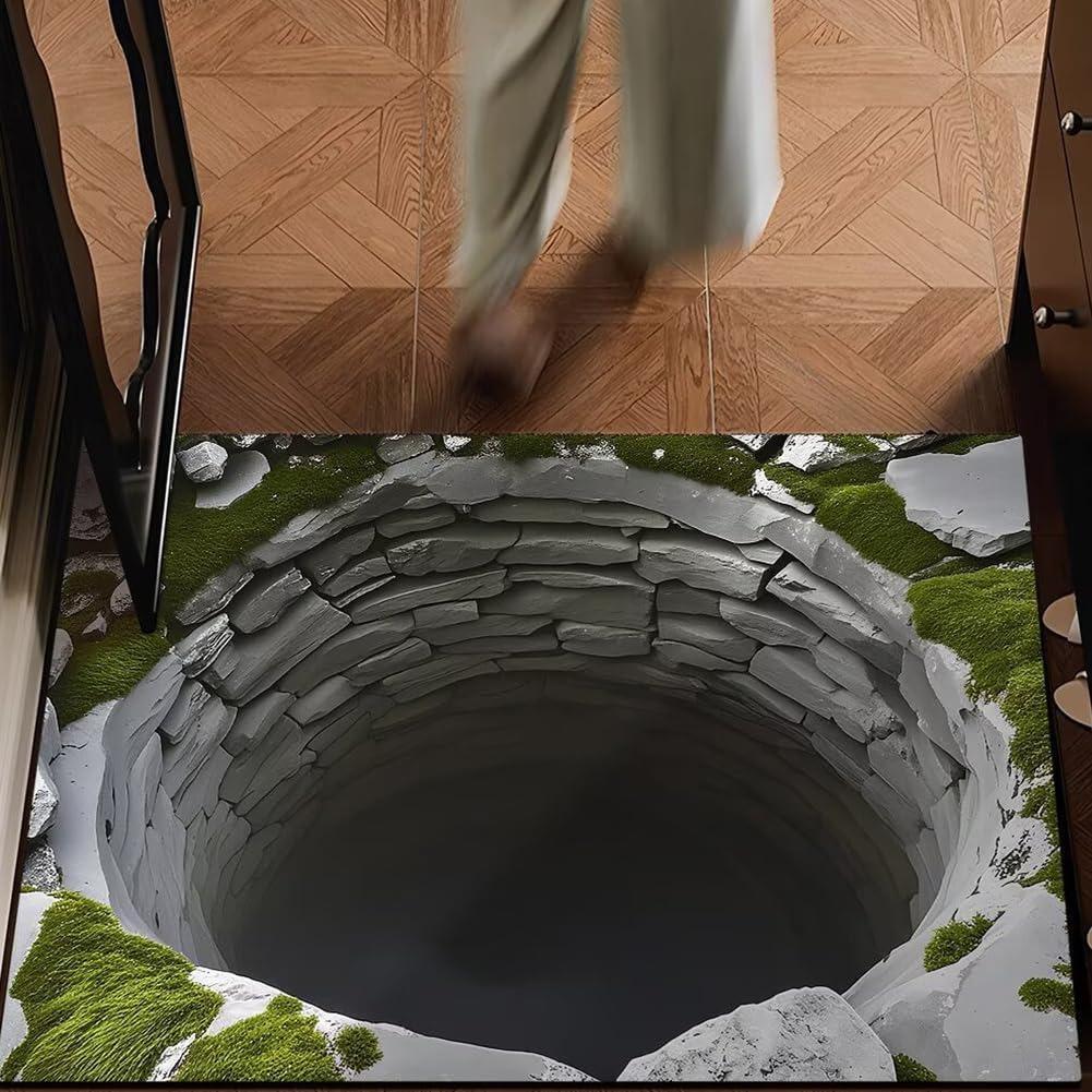2D Print Nature Stone Cave Print Welcome Entrance Rug Realistic Hole Well Soft Non-Slip Mat Visual Illusion Doorway Decor Rug
