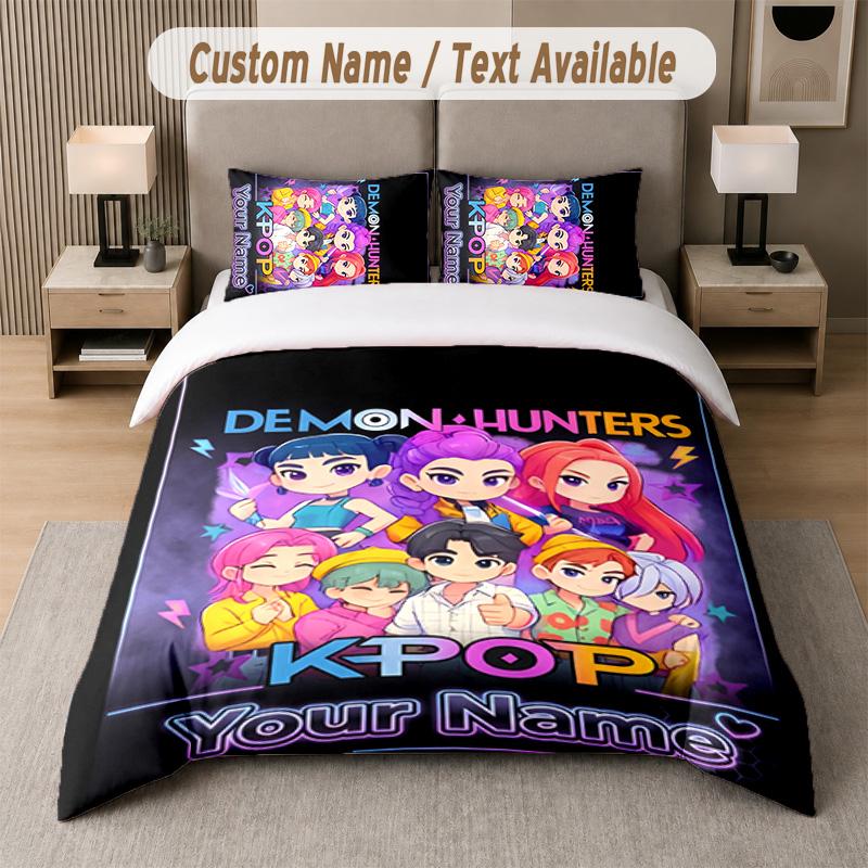 Kpop Demon Hunters Design Bedding Set Custom Text 1 Duvet Cover & 2 Pillow Cases