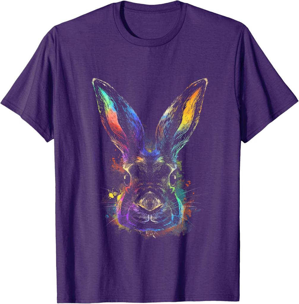 Colorful Rainbow Watercolor Rabbit Graphic Tee Men Casual Crew Neck Daily T-Shirt Easter