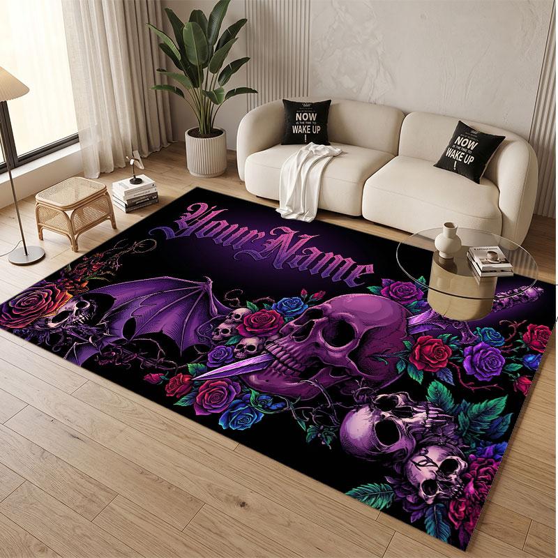 Skull Gothic Theme Soft Crystal Velvet Rug Custom Name & Text Print Non Slip Floor Rug for Bedroom Living Room