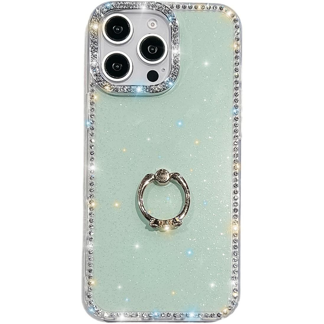 

For iPhone 14 Pro Max Case with Ring Kickstand Rhinestone Edge TPU+PC IMD Phone Cover Glitter Light Green