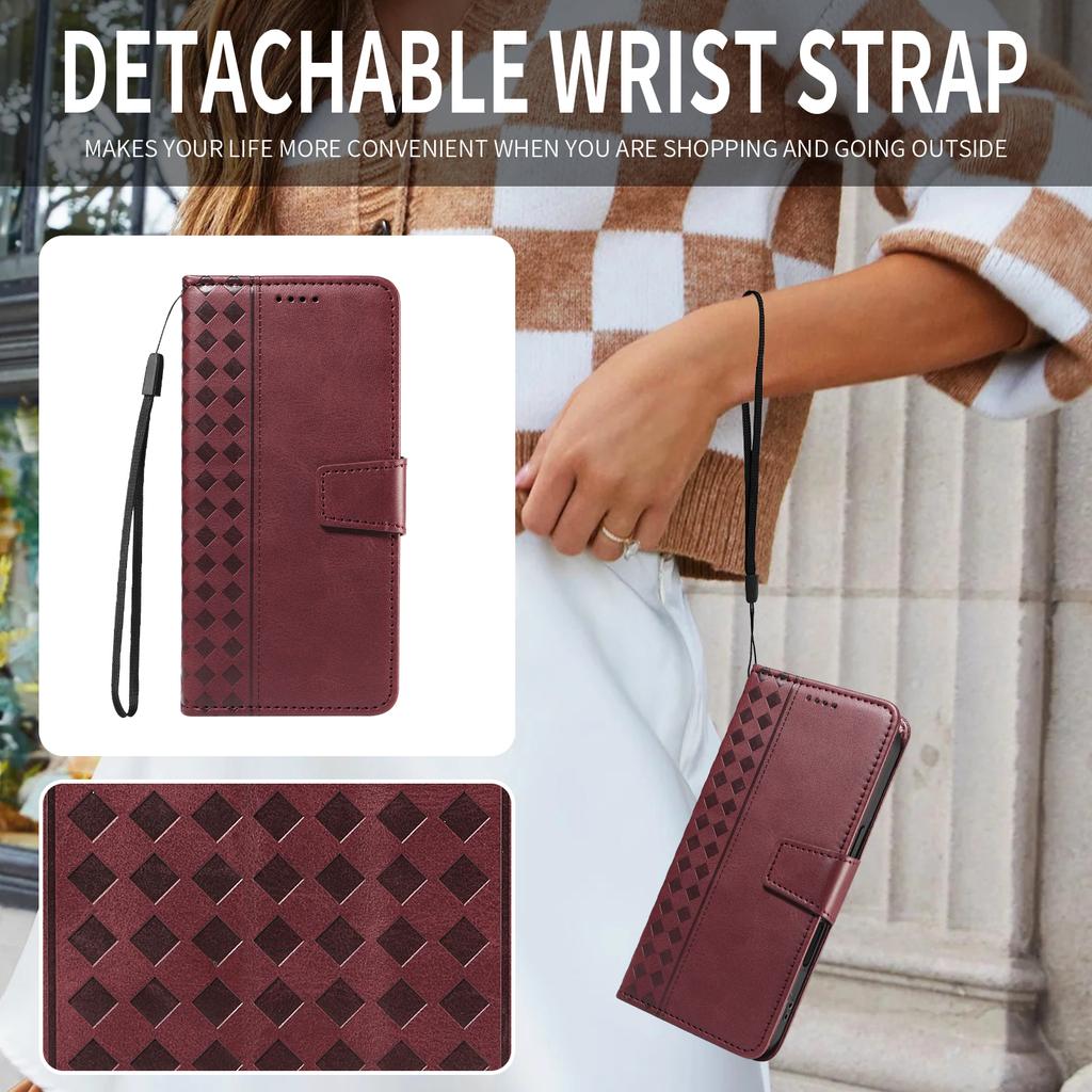 For Nothing Phone (3) 5G Leather Case Wallet Stand Grids Imprinted Phone Cover with Strap -  Wine Red