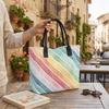 Watercolor Rainbow Striped Canvas Tote Bag Large Capacity Fashion Casual Portable Shoulder Handbag for Daily Use