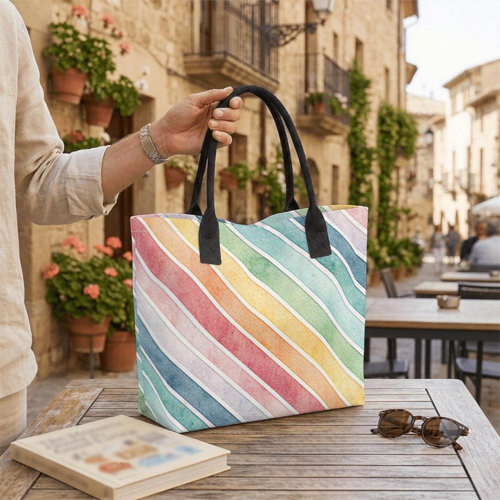 Watercolor Rainbow Striped Canvas Tote Bag Large Capacity Fashion Casual Portable Shoulder Handbag for Daily Use