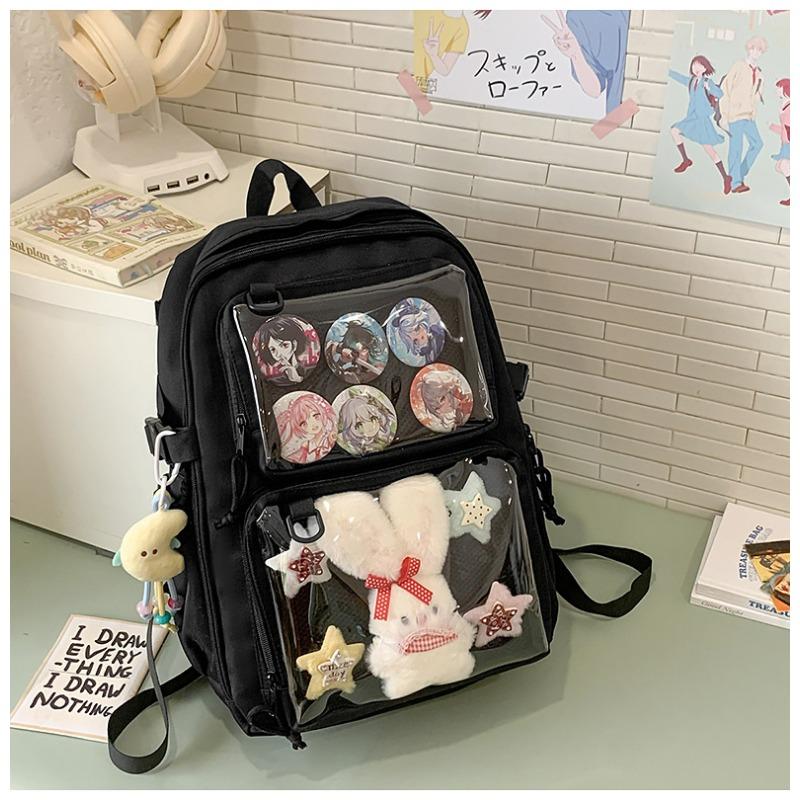 Cartoon Badge Transparent Smug Pain Bag for Female Students, Japanese-style Simple Large-capacity Backpack, Campus-style Schoolbag