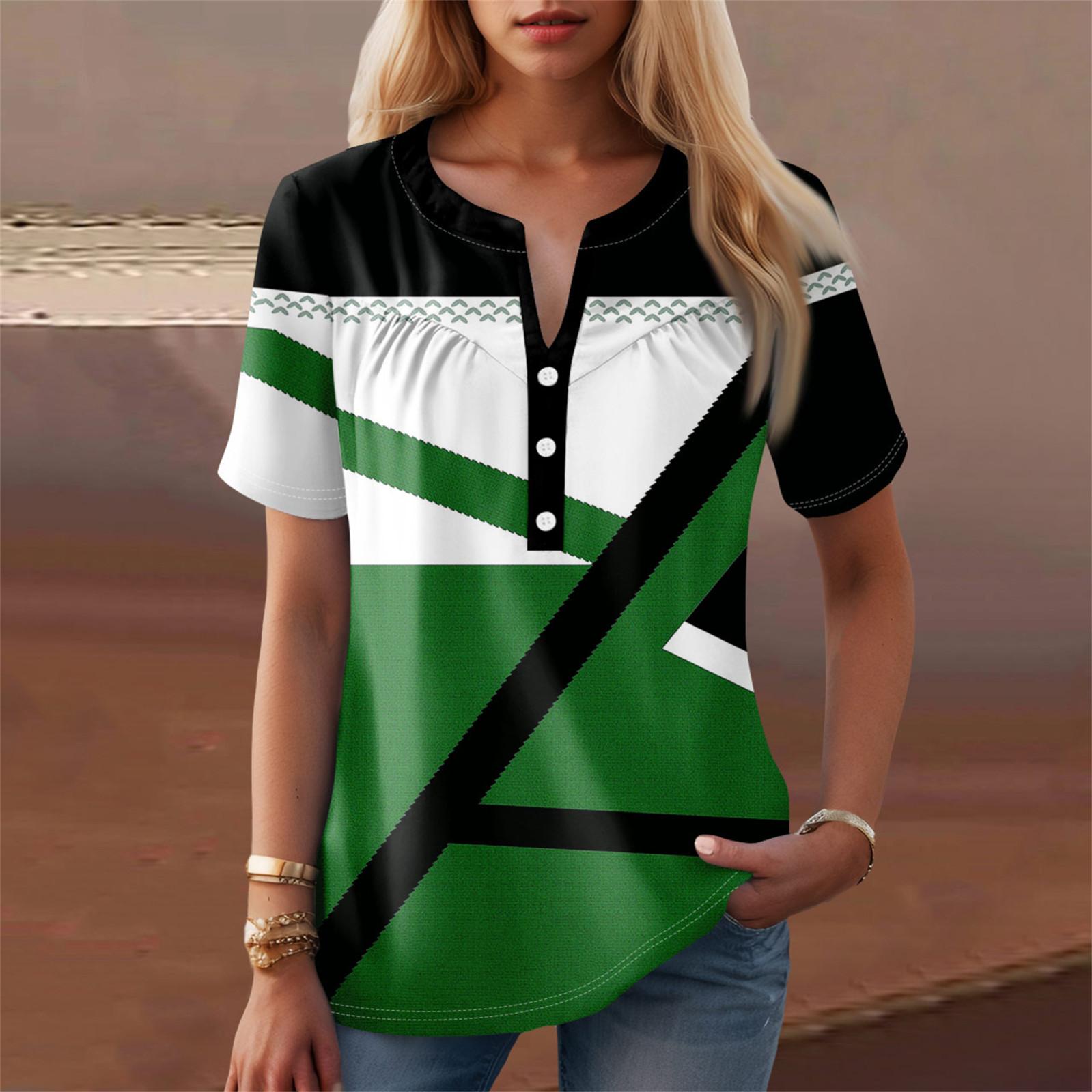 

Женская повседневная футболка с v-образным вырезом и коротким рукавом с цветочным принтом и декоративными пуговицами, топ XXL