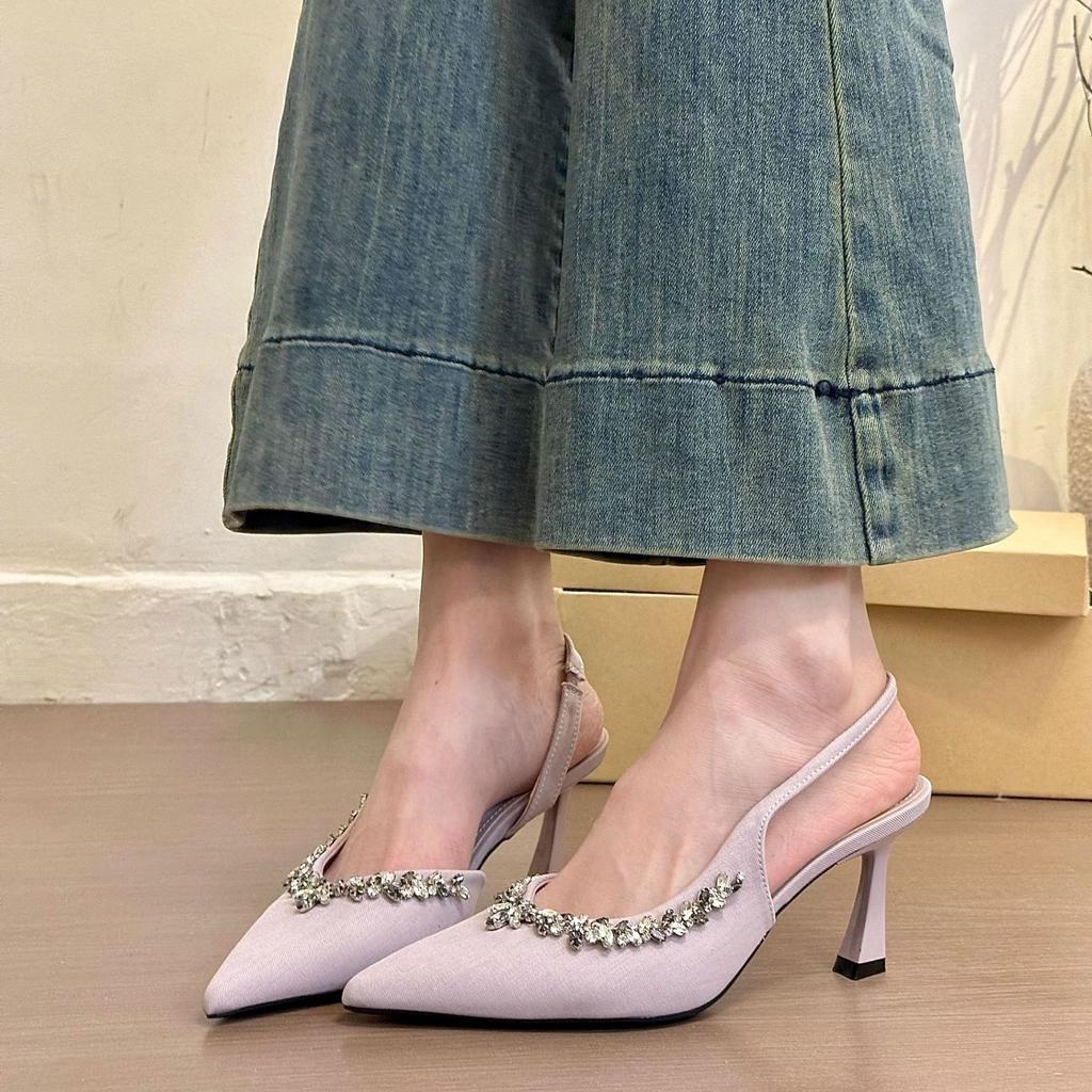 Temperament pointed rhinestone bag head empty sandals women's spring 2025 new purple side empty high-heeled shoes