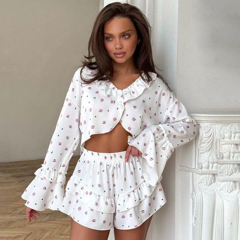 Shorts and Pajamas Set European and American Love Print Frill Breathable Long sleeve Shorts Pajamas Set