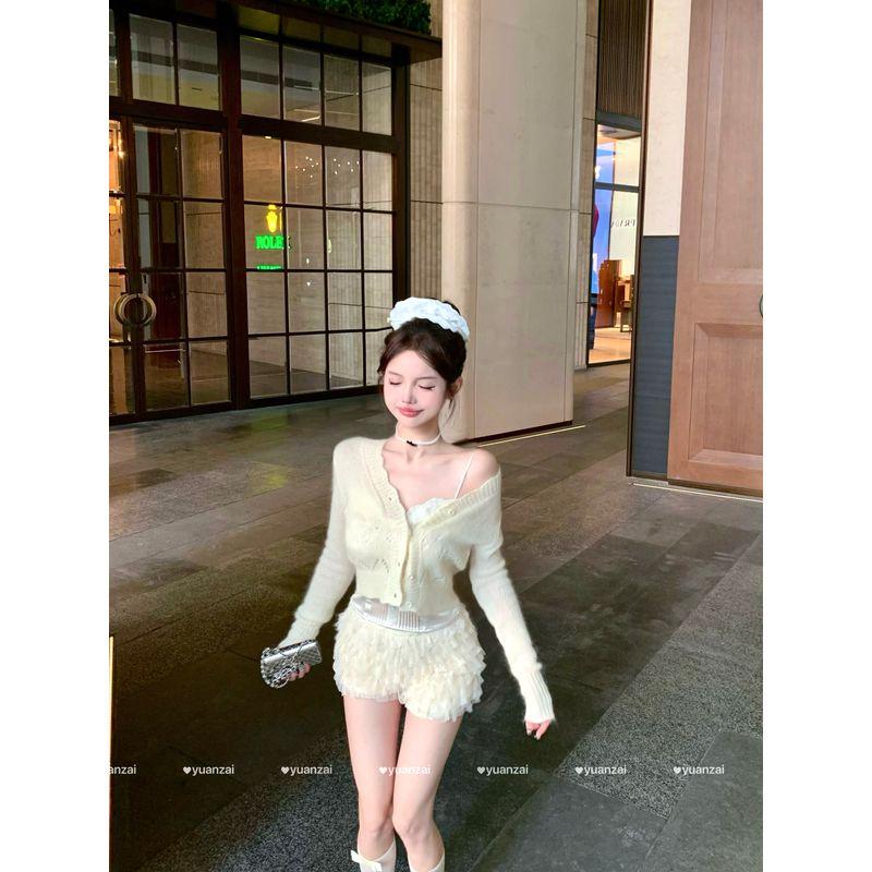 Kumikumi Pure Desire Set Hollow out Knit cardigan Women Inner wear Cami Autumn Lace Shorts Three-Piece Set