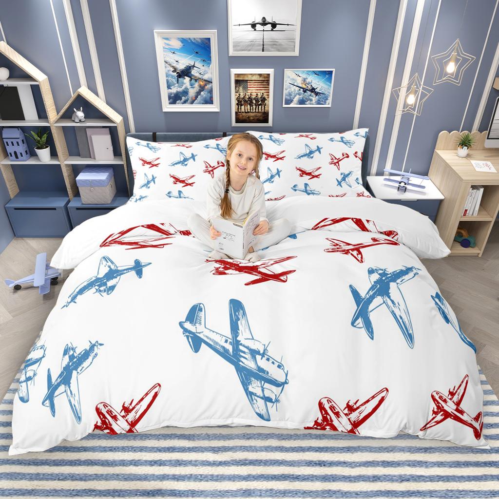 Homewish Cartoon Aircraft Train Duvet Cover Set for Children 2pcs/3pcs, Airplane Steam Engine Bedding, Transportation Bed Set