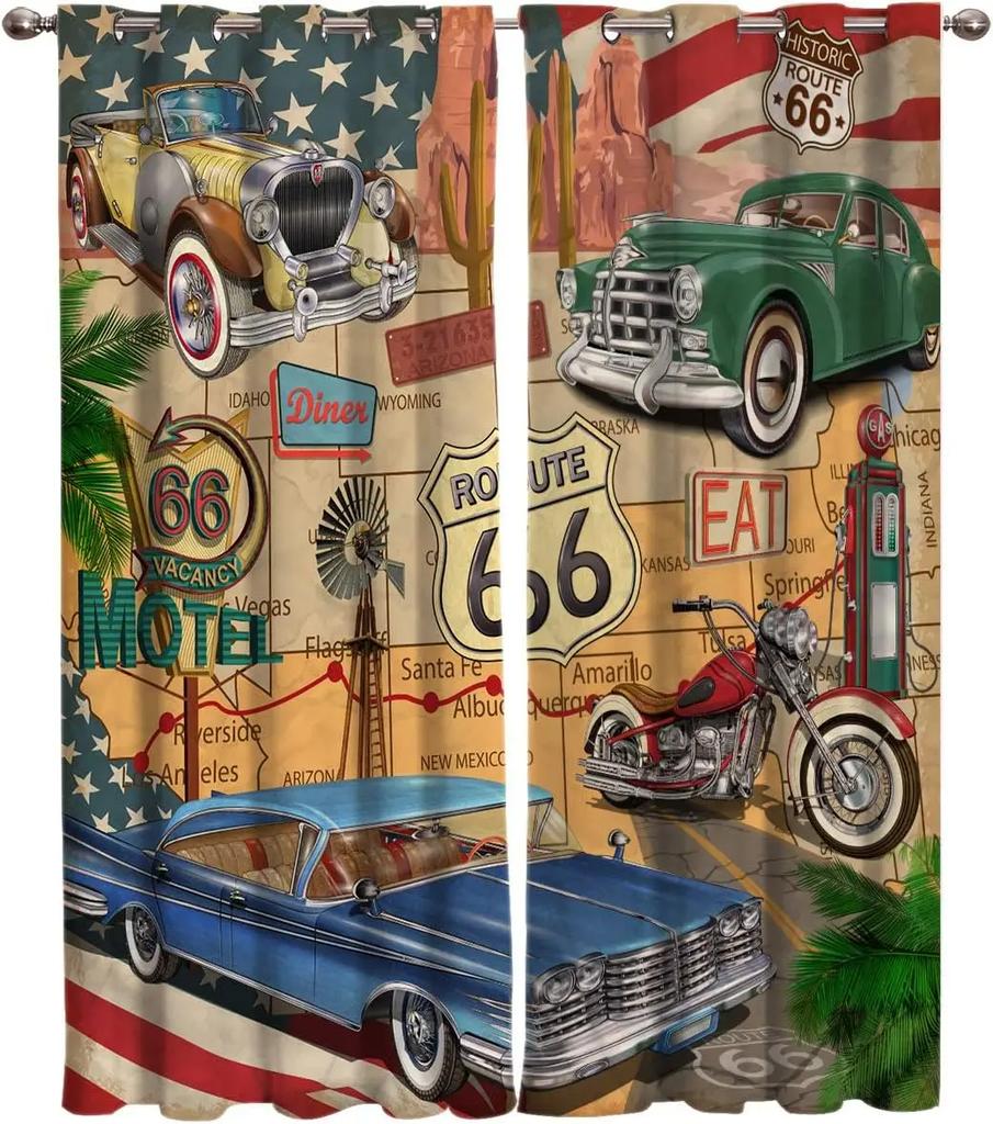Vintage Car Motorcycle Retro Traditional Car Printed Clackout Drape Children Boys Girls Bedroom Space Space Living Room Bedroom Space Space Curtain