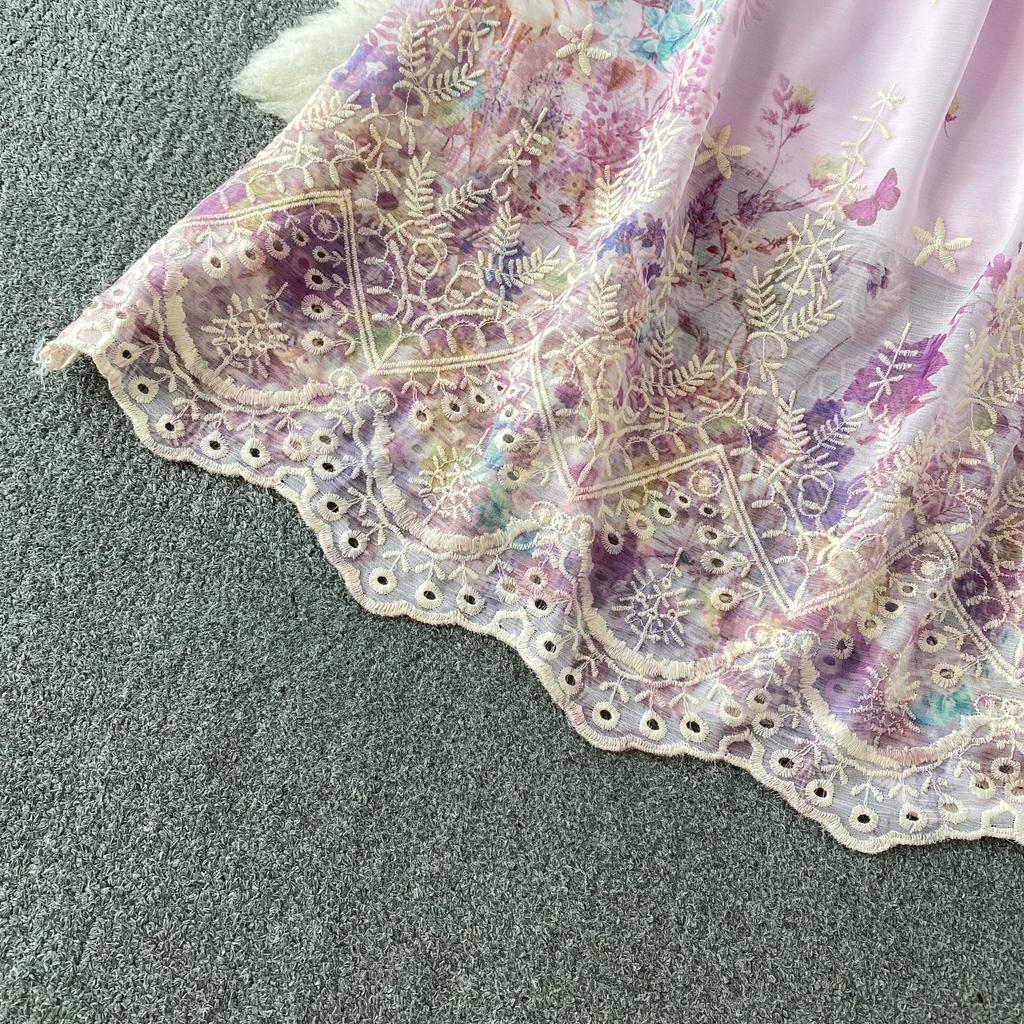 Summer Vintage Hollow Out Embroidered Midi Dress Women's V-neck Short Sleeve Elastic Waist Slim Long Dress
