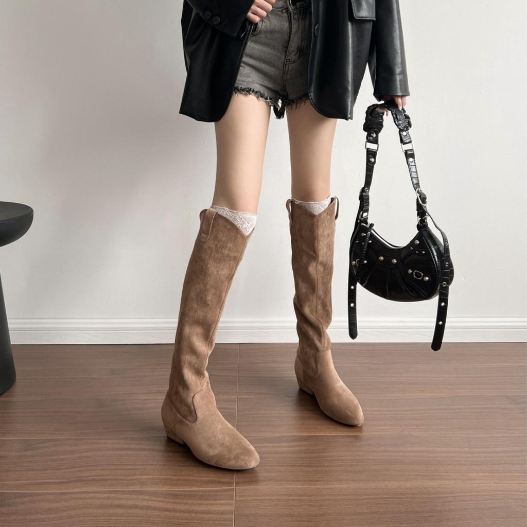 Coarse Heel Vintage Suede Pile Boots Long Knight Boots Women's Autumn and Winter Pointed Skinny Boots Medium Boots