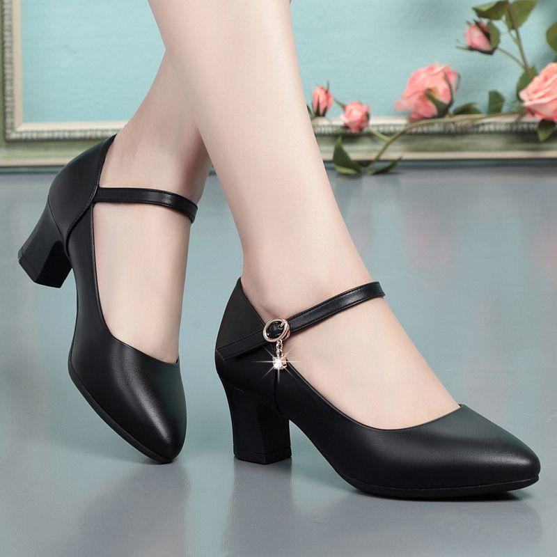 Cheap Work Shoes, Single Shoes, Soft Leather and Soft Soles, New Non-slip Women's Shoes, Middle-aged High-heeled Medium-heeled Thick-heeled Women's