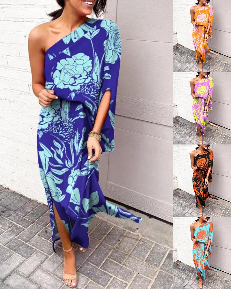 

Женские летние повседневные элегантные вечерние макси-платья с открытыми плечами и одним рукавом с разрезом на одном плече и рукавами «летучая мышь» S чёрный