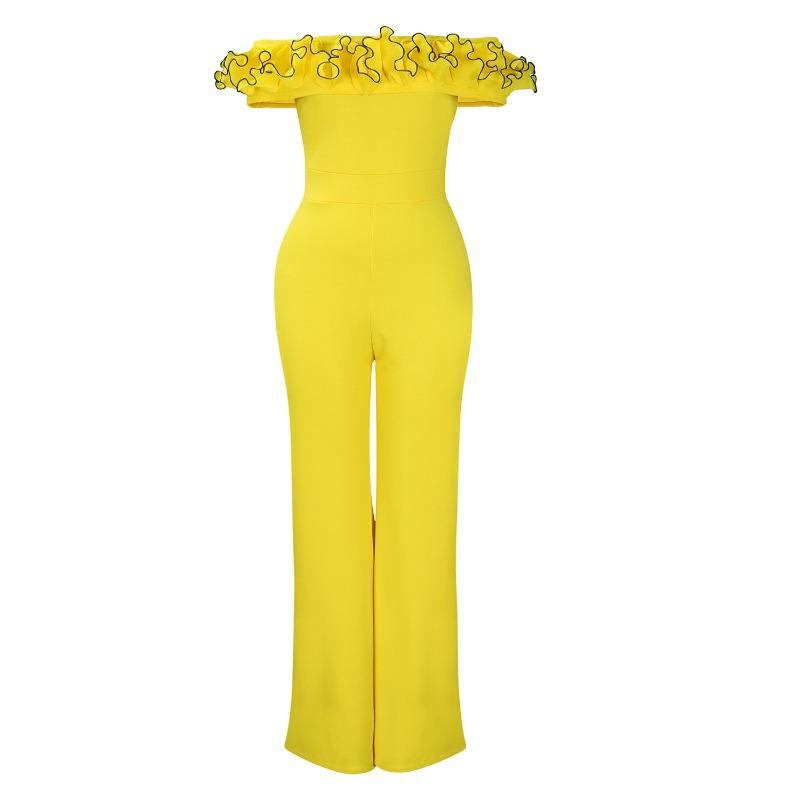 

Women s sexy tight solid color one-word collar ruffle edge off-the-shoulder short-sleeved jumpsuit XXXL жовтий