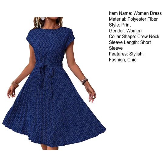 Women's Floral Printed Midi Dress Casual Crew Neck Short Sleeve Swing Dress with Belt Summer Beach Pleated Sundress