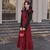 Women's 2026 Spring/Autumn Red Plaid Sweet Age-Reducing Long Dress - Two-Piece Effect