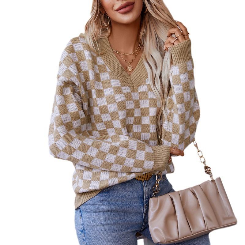 Women's Plaid Sweater Long Sleeve Shirt V Neck Knit Sweater Work Casual Oversized Fuzzy Tops Lightweight Sweater Shirts for Women