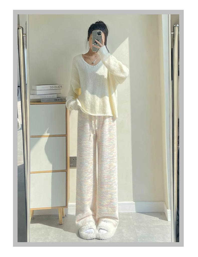 145 Plus Velvet Rainbow Glutinous Rice Sweatpants - XS Women’s High Waist Wide-Leg Pants for Autumn/Winter