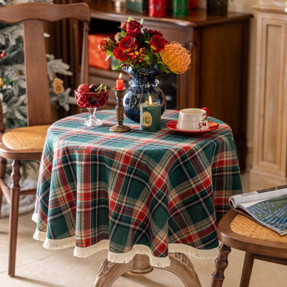 American Retro Christmas Plaid Tablecloth Round Rectangular Dining Tea Table Cover Holiday Decor