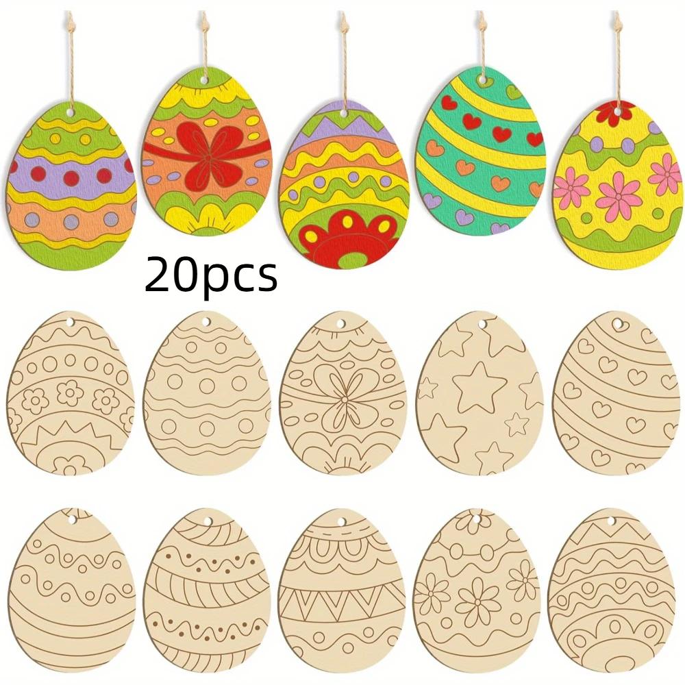 10/20pcs Wooden Easter Decorations, Wood Carving Easter  Decoration Egg Shape Wood Chips Painting Supplies Diy Crafts