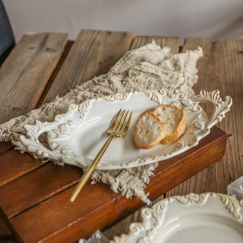 Französische Retro Reliefplatte Keramikteller für Spaghetti Binauraler Dessertteller Westlicher Speiseteller Leichte Luxus-Tischware