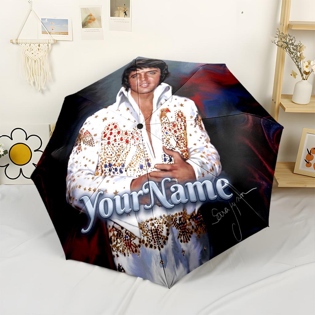 Elvis Customize Text Umbrella Compact Travel Automatic Umbrella Folding Umbrella with 8 Ribs Sturdy Construction for Outdoor Daily Use